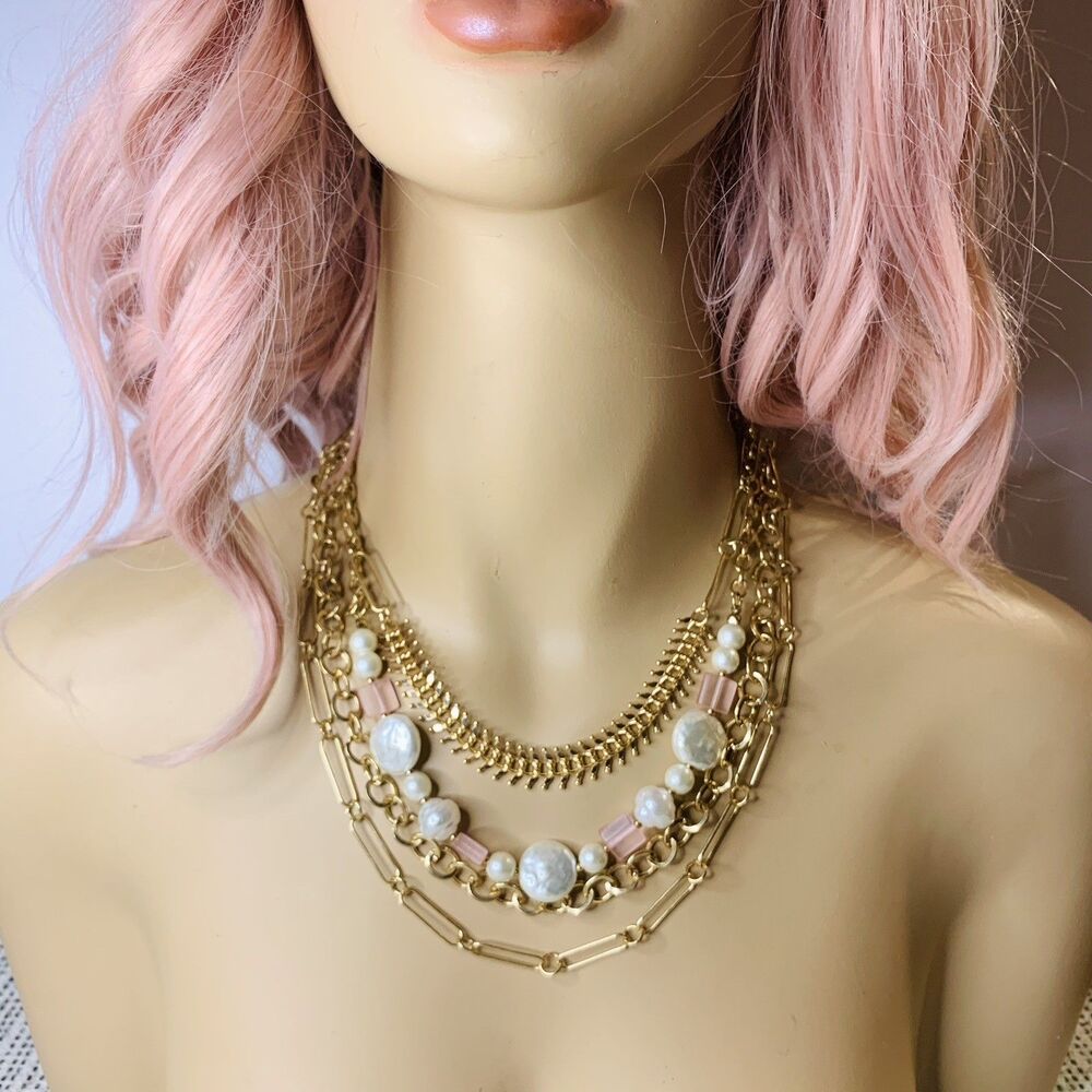 A New Day Gold Tone Multistrand Necklace Pink Faux Pearls Barbiecore